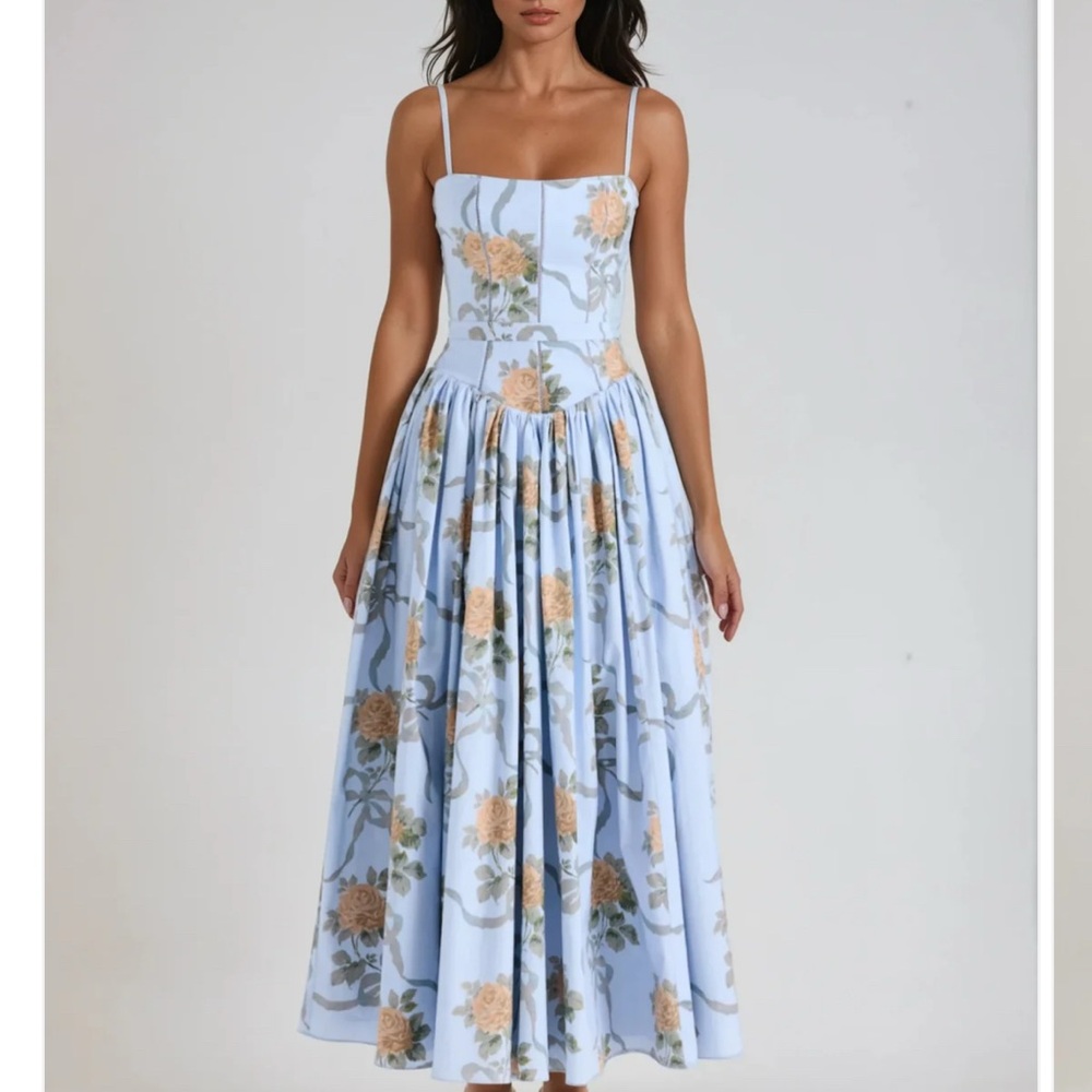 Elegant Floral Maxi Dress in Blue and Peach